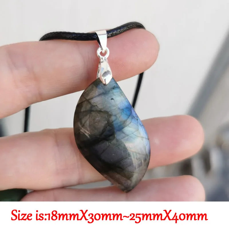 Natural Labradorite Crystal Pendant | Heart & Leaf | Leather Chain