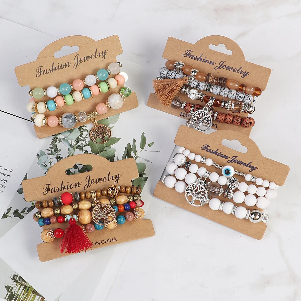 Boho Tree of Life Beaded Bracelet - 4 piece set