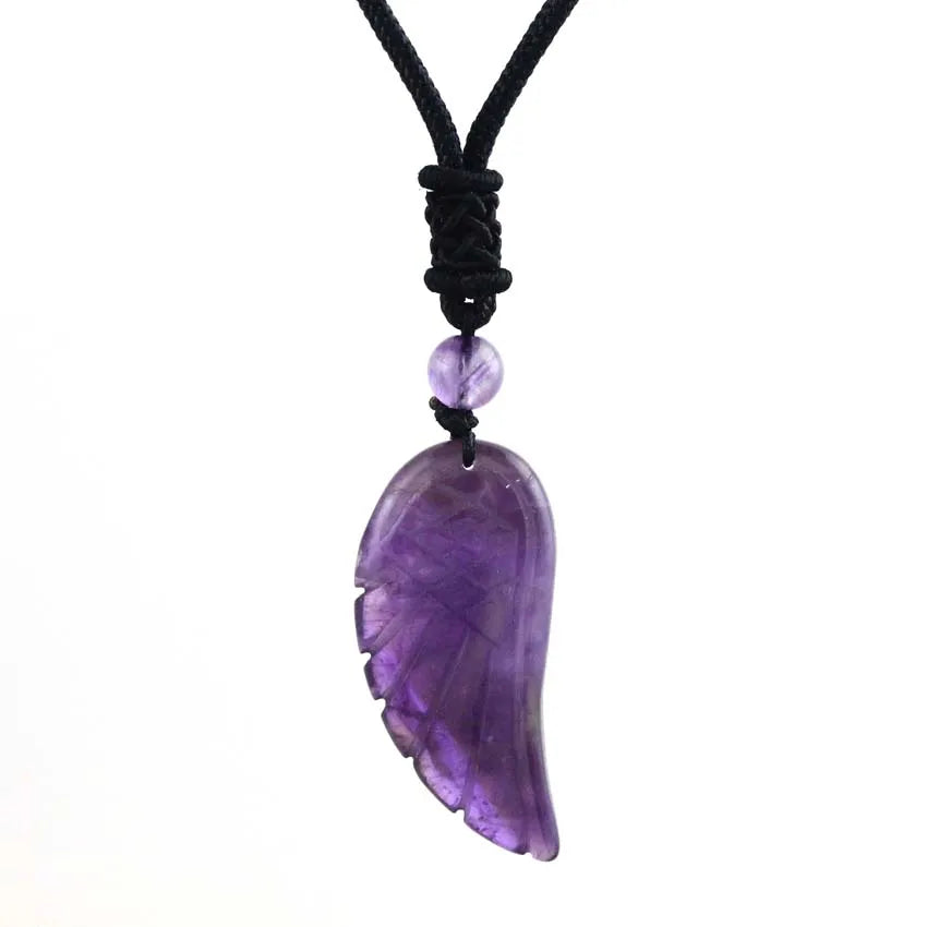 Crystal Angel Wing Pendant Necklace — Natural Gemstone Adjustable Rope