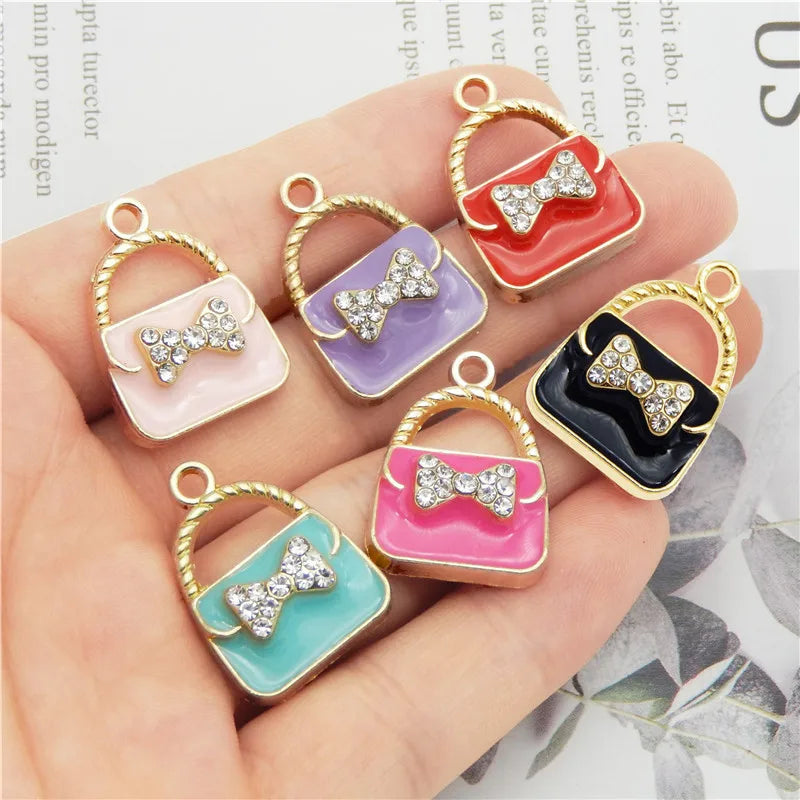 Bow & Crystal Enamel Handbag Charms – 6pcs Alloy Pendants for Jewelry Making