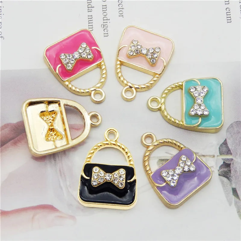 Bow & Crystal Enamel Handbag Charms – 6pcs Alloy Pendants for Jewelry Making
