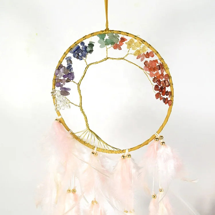 Rose Pink Feather & Chakra Stone Dreamcatcher