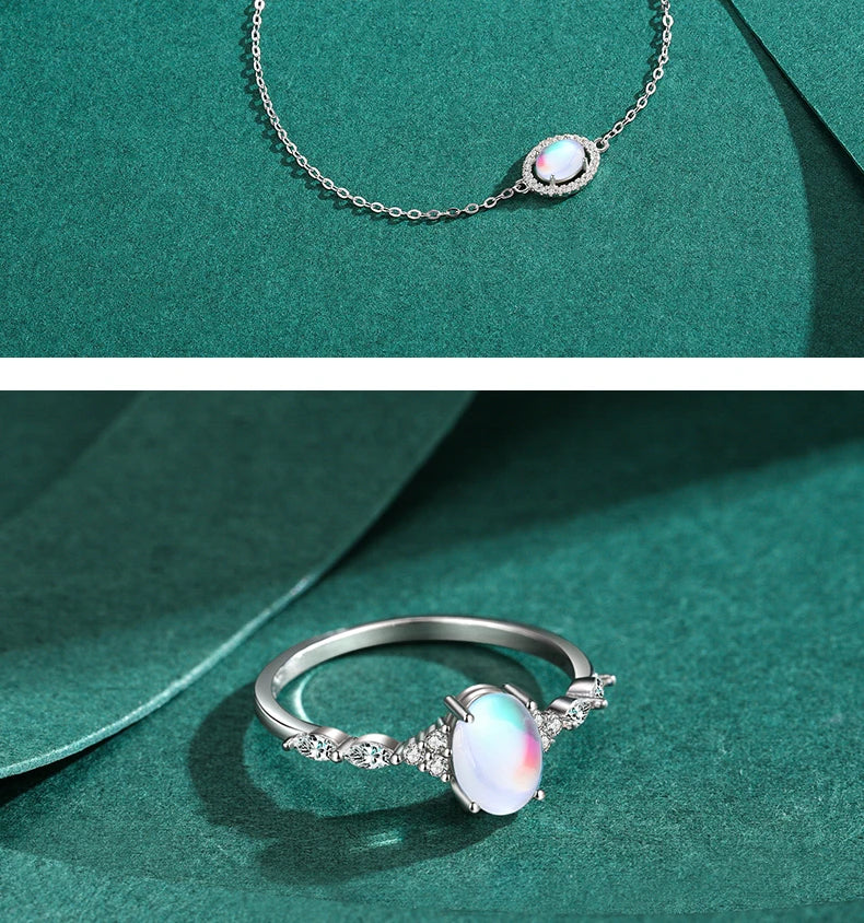 Natural Moonstone Jewelry Set | 925 Sterling Silver | Oval Ring & Charm Bracelet