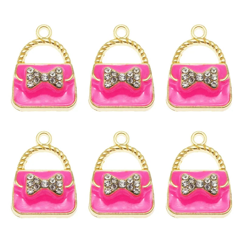 Bow & Crystal Enamel Handbag Charms – 6pcs Alloy Pendants for Jewelry Making
