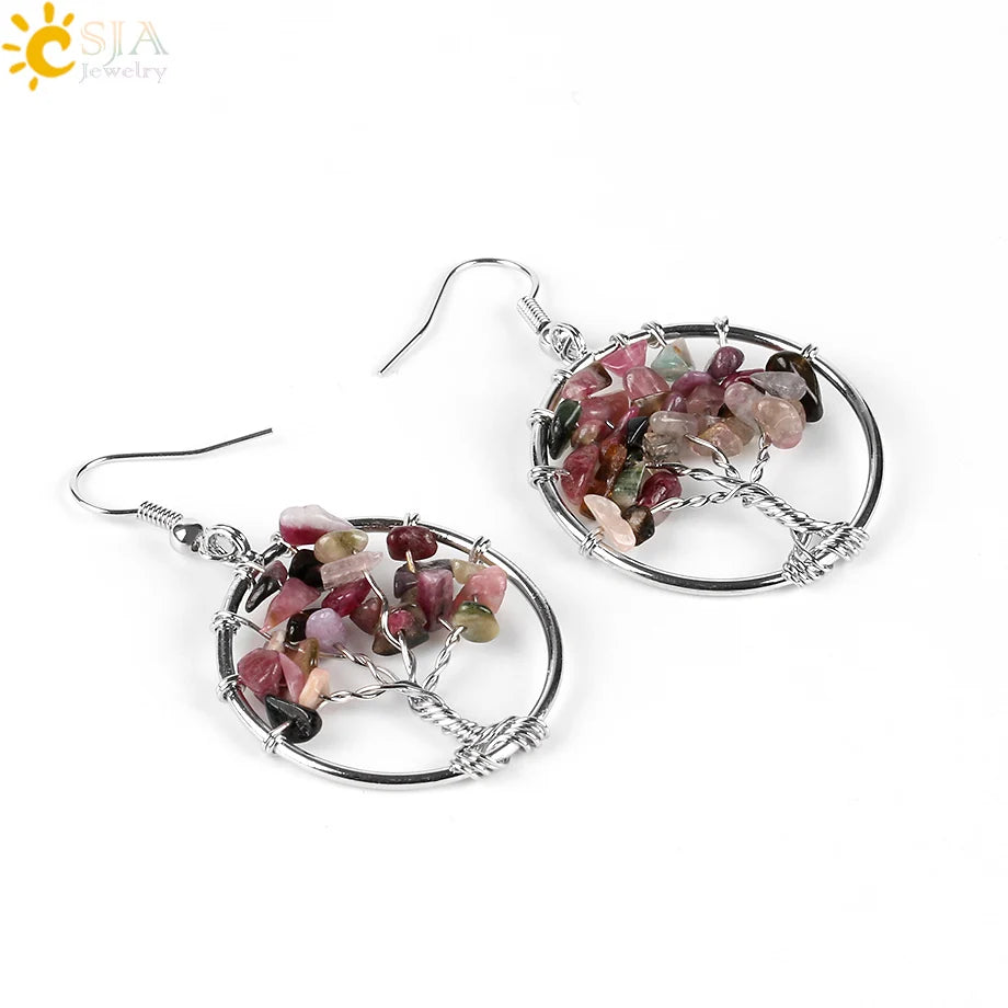 Crystal Tree of Life Drop Earrings — 13 Natural Stones
