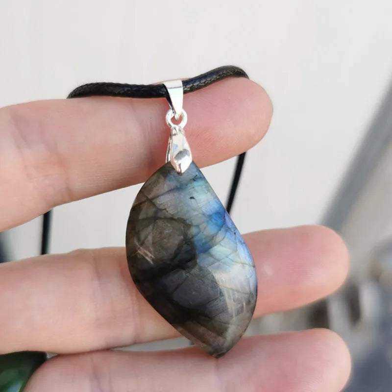 Natural Labradorite Crystal Pendant | Heart & Leaf | Leather Chain