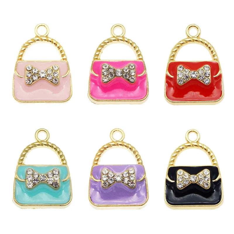 Bow & Crystal Enamel Handbag Charms – 6pcs Alloy Pendants for Jewelry Making