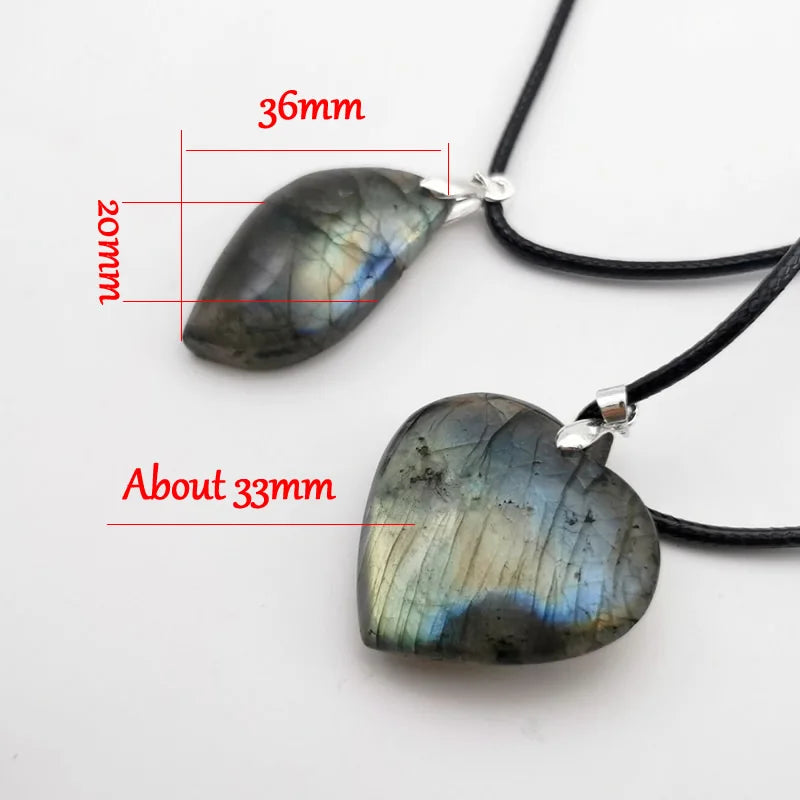 Natural Labradorite Crystal Pendant | Heart & Leaf | Leather Chain