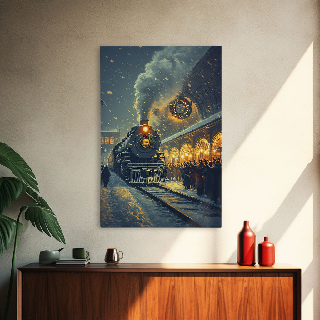 Christmas Train Station Canvas Print | Snowy Winter Night