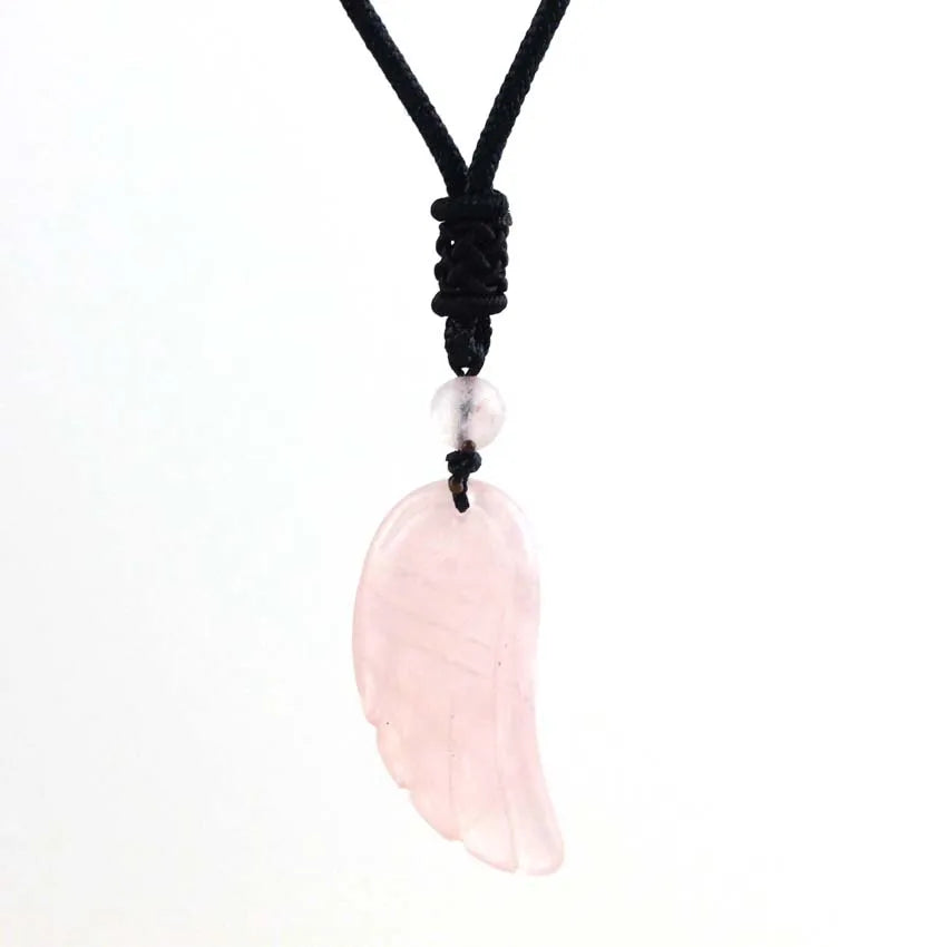 Crystal Angel Wing Pendant Necklace — Natural Gemstone Adjustable Rope