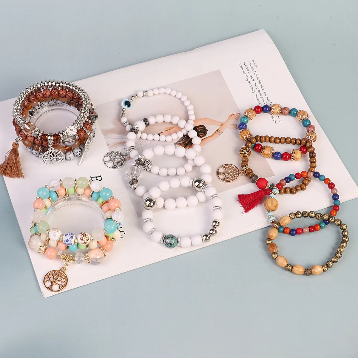 Boho Tree of Life Beaded Bracelet - 4 piece set