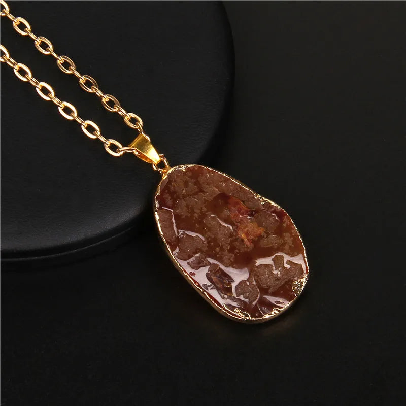 Druzy Crystal Pendant Necklace — Natural Agate & Quartz Gem Charm for Women