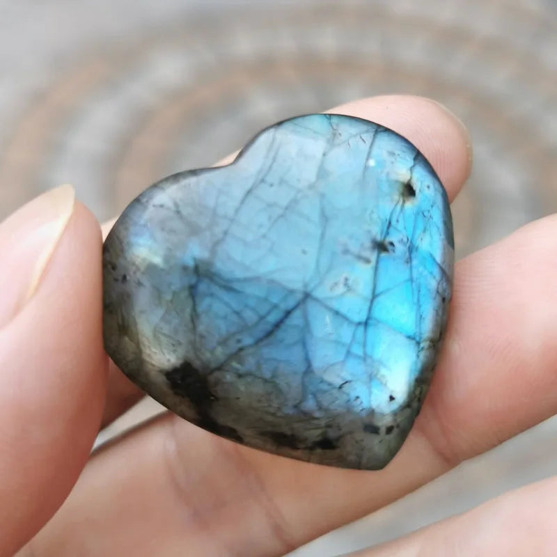 Natural Labradorite Crystal Pendant | Heart & Leaf | Leather Chain