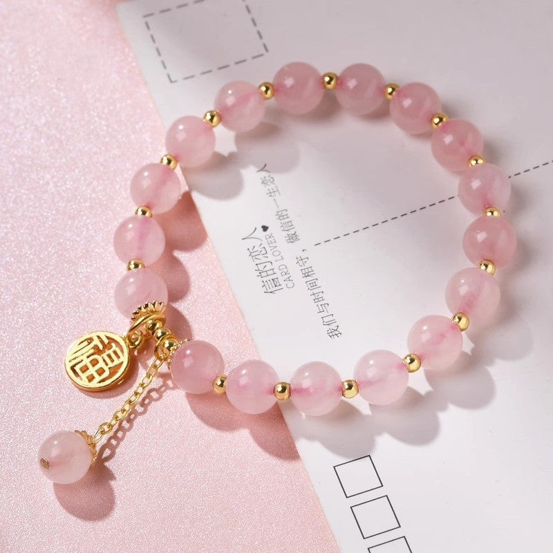 Crystal Fu Charm Bracelet – Rose Quartz & Strawberry Crystal | Gold Accent