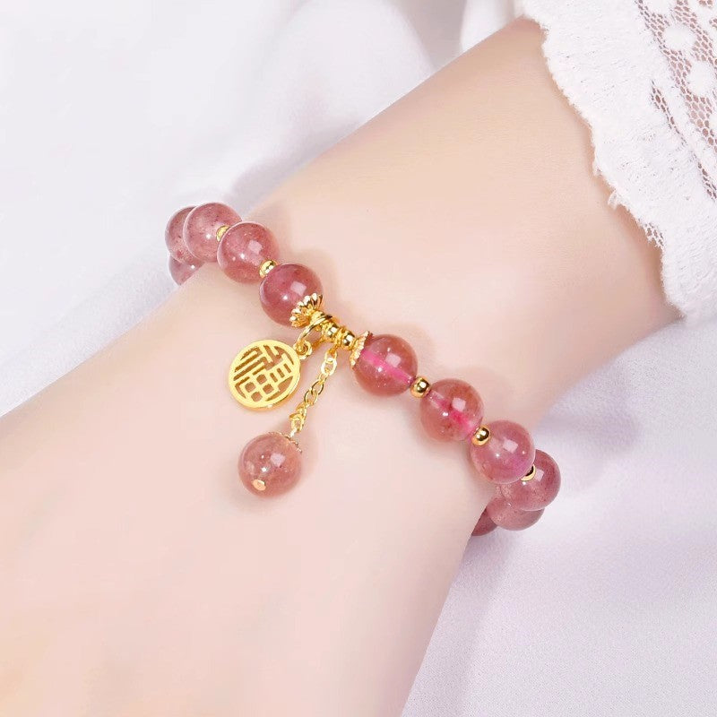 Crystal Fu Charm Bracelet – Rose Quartz & Strawberry Crystal | Gold Accent