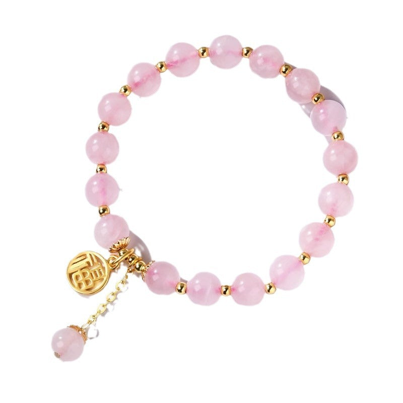 Crystal Fu Charm Bracelet – Rose Quartz & Strawberry Crystal | Gold Accent