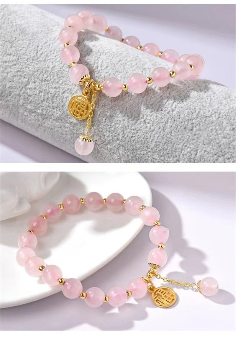Crystal Fu Charm Bracelet – Rose Quartz & Strawberry Crystal | Gold Accent