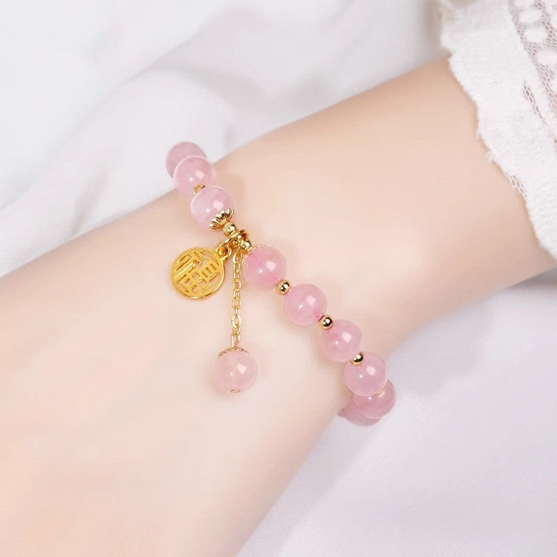 Crystal Fu Charm Bracelet – Rose Quartz & Strawberry Crystal | Gold Accent