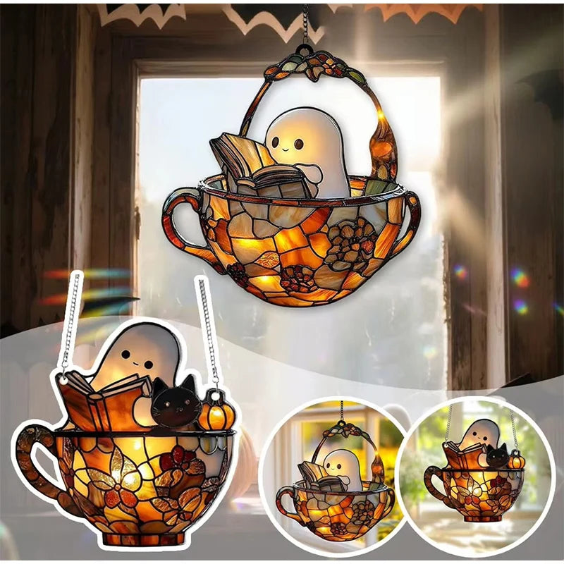 Halloween Ghost Reading Book Window Ornament | Colorful Acrylic Suncatcher