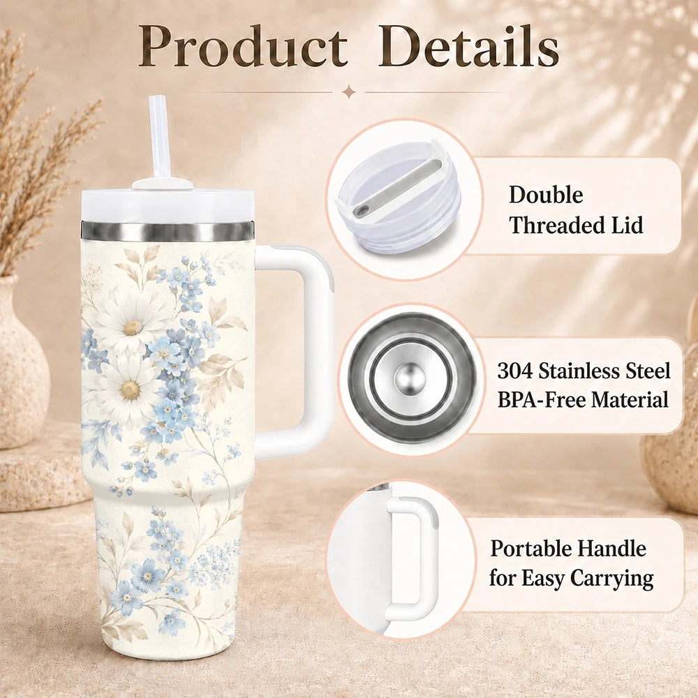40oz Floral Art Insulated Tumbler | Leak-Proof Travel Mug with Handle & Straw