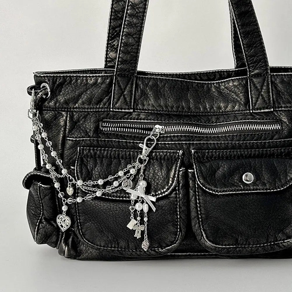 Gothic Multi-Layer Chain Bag Charm – Heart, Bow & Tassel Alloy Pendant with Lobster Clasp