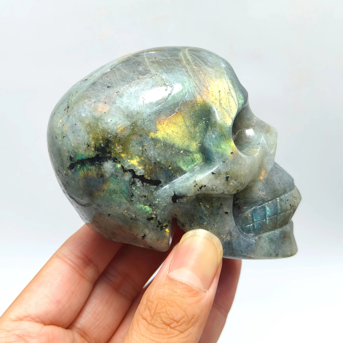 Flash Labradorite Crystal Skull | Carved Healing Stone | Halloween & Meditation Decor