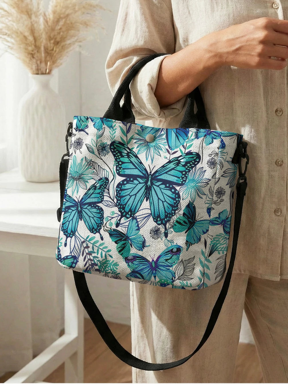 Butterfly & Daisy Floral Tote Bag with Crossbody Strap