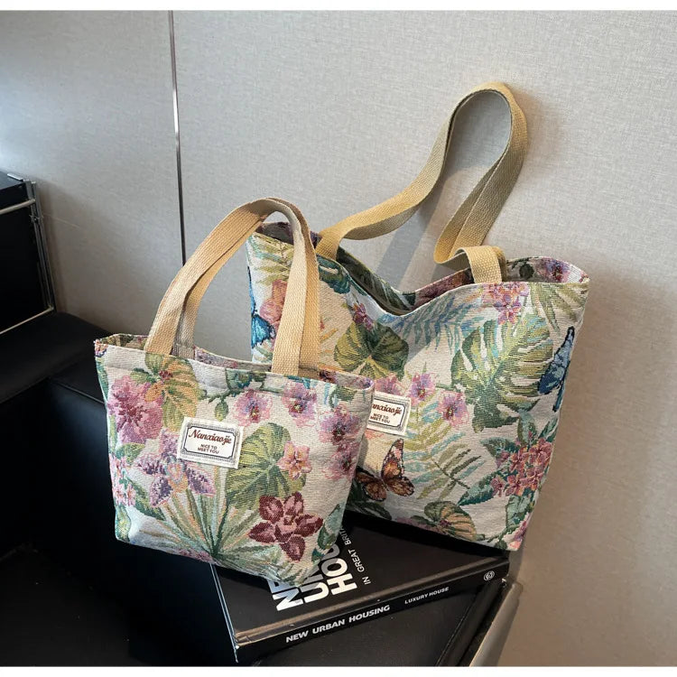 Floral Canvas Shoulder Tote | Four Colors & Two Sizes