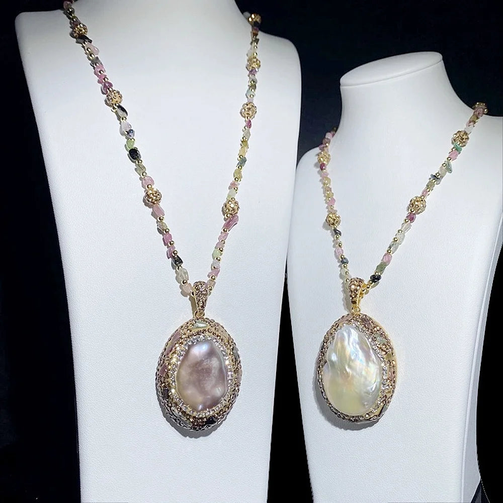 Vintage Freshwater Pearl & Natural Crystal Necklace | Handmade Rhinestone Pendant in 18K Gold