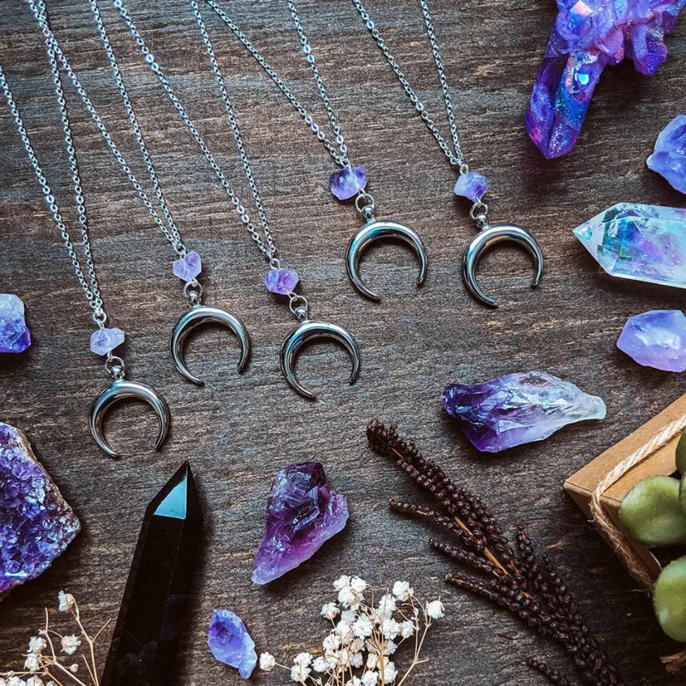 Silver Crescent Moon & Purple Crystal Witch Necklace
