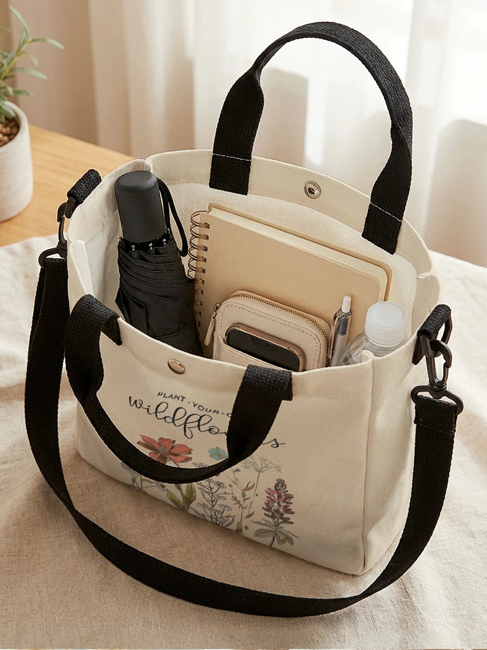 Wildflower Tote Bag with Detachable Shoulder Strap