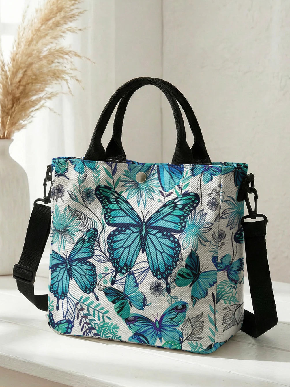 Butterfly & Daisy Floral Tote Bag with Crossbody Strap