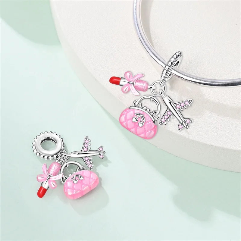 925 Sterling Silver Pink Travel Bag Charm – Zircon Bracelet Pendant for Women