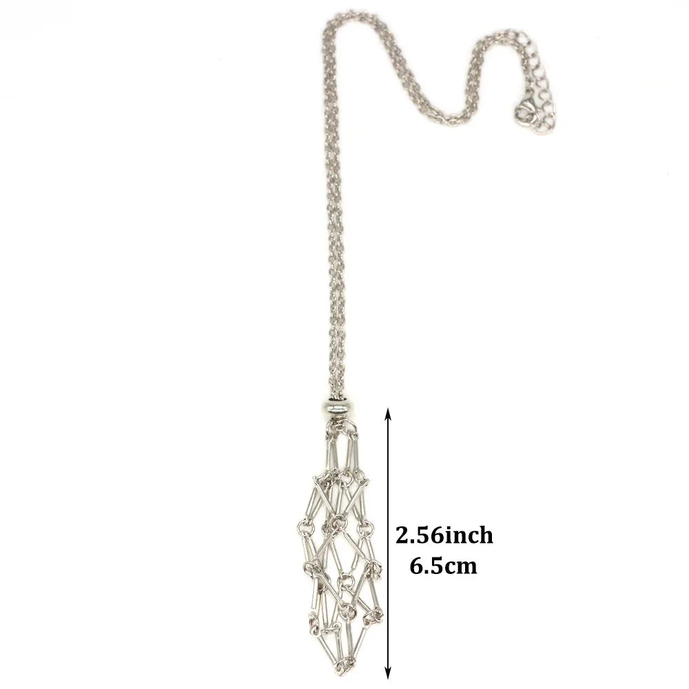 Crystal Cage Necklace Pendant — Adjustable Stone Holder Net in Silver, Gold & Black