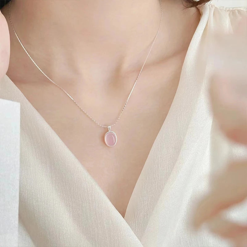 Pink Crystal Zircon Pendant Necklace | 925 Sterling Silver | Oval Collarbone Chain