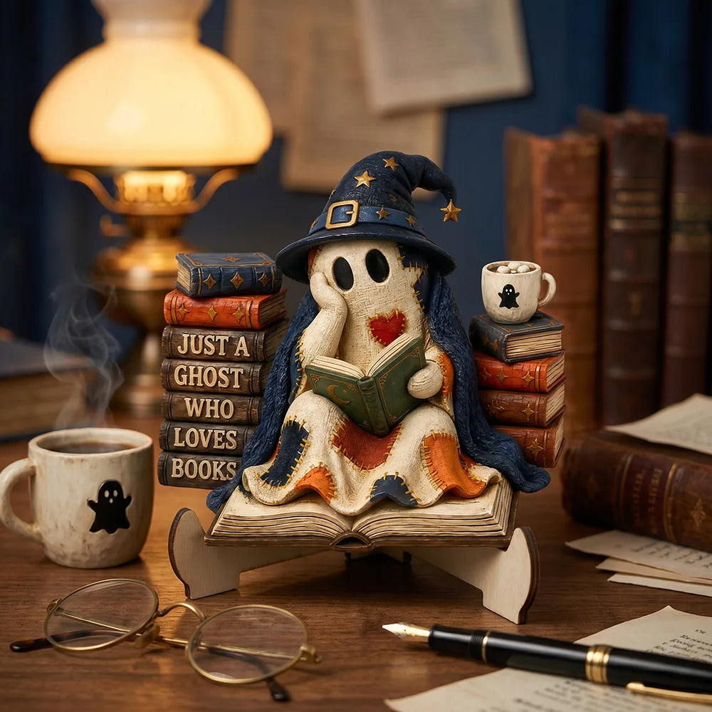 Ghost Reading Book Wooden Figurine | Rustic Farmhouse Halloween Decor for Book Lovers
