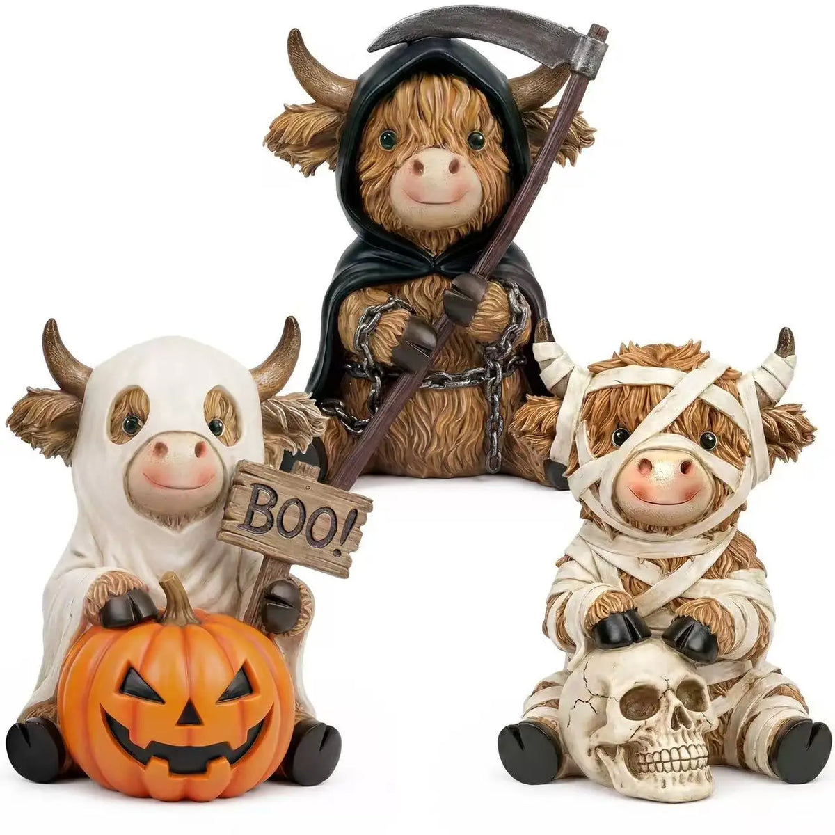 Halloween Highland Cow Statue Set — Ghost, Mummy & Pumpkin Shelf Décor