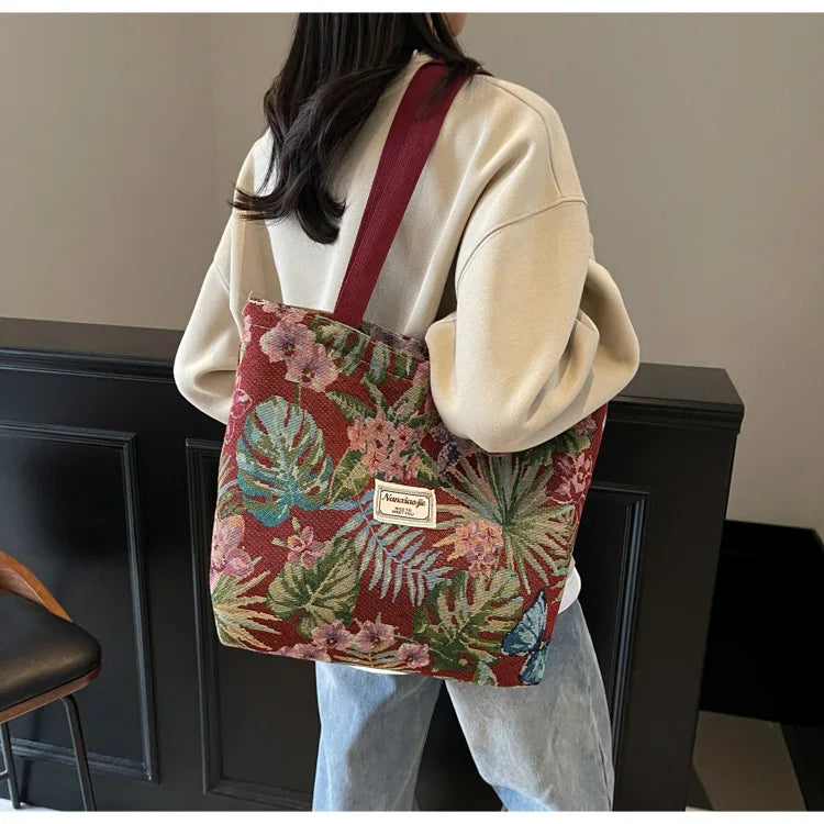 Floral Canvas Shoulder Tote | Four Colors & Two Sizes