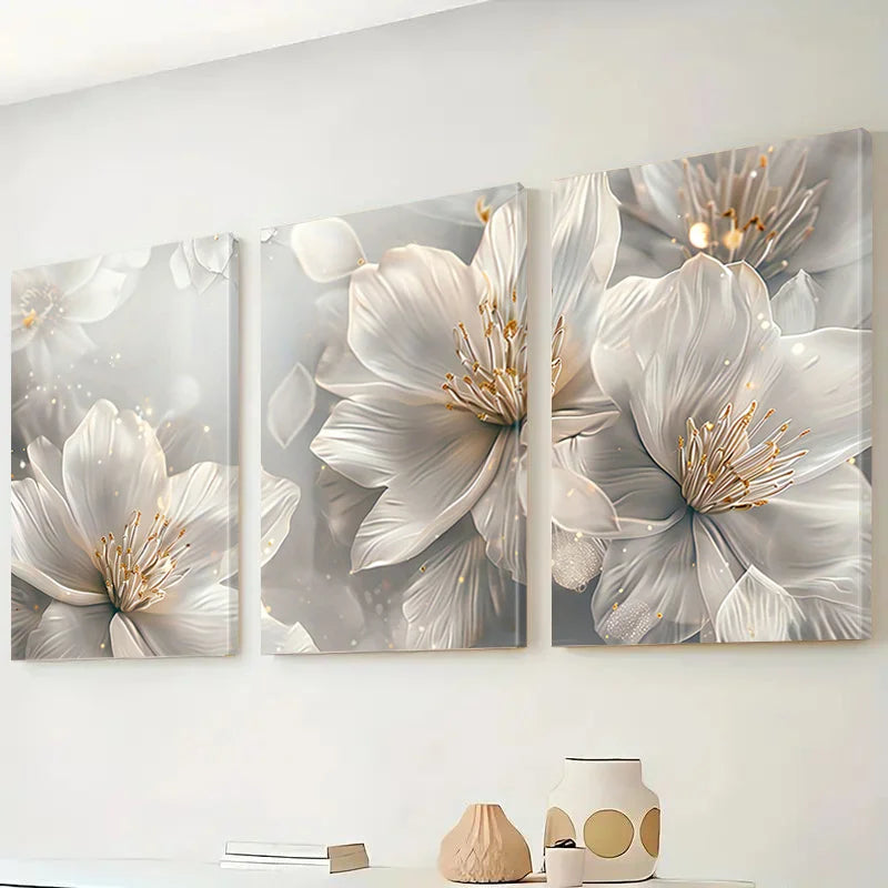 White Flower Canvas Wall Art — Set of 3 Abstract Floral Prints