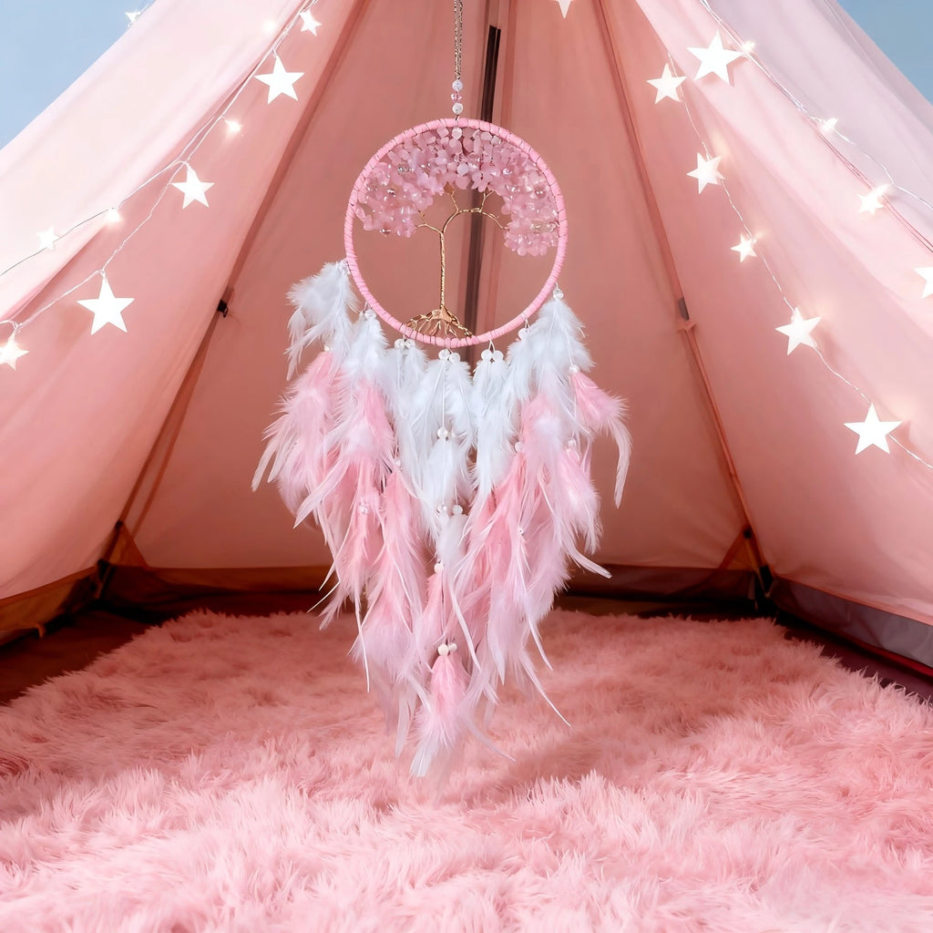 Crystal Tree of Life Dreamcatcher — Boho Feather Wall Hanging