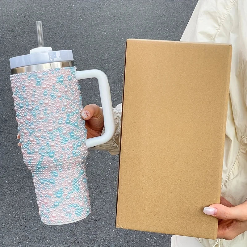 40oz Pearl & Rhinestone Tumbler | Vacuum Insulated Wide Handle Car Cup