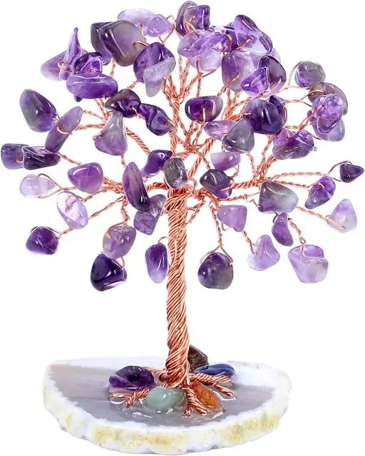 Mini Crystal Tree on Natural Agate Slice Base | Wire-Wrapped Healing Stone Desk Decor