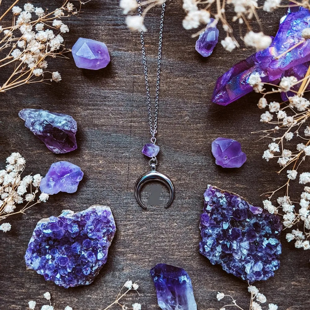 Silver Crescent Moon & Purple Crystal Witch Necklace