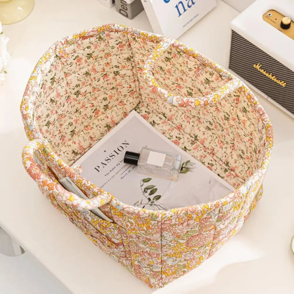 Quilted Floral Storage Basket — Collapsible Fabric Organizer Bag
