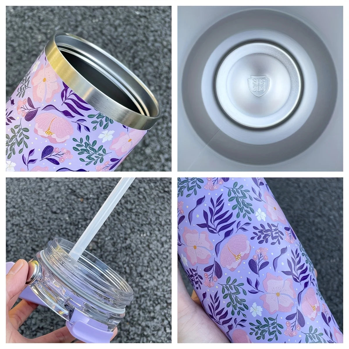 Floral 900 ml Insulated Tumbler with Handle & Straw