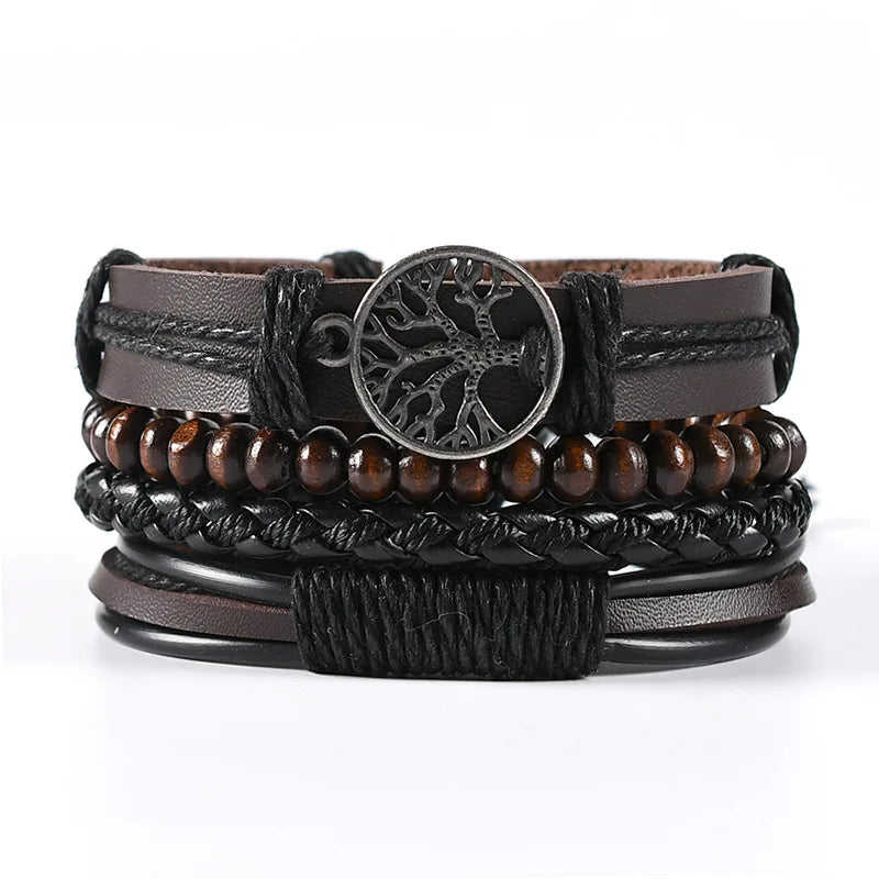 Boho Leather Wrap Bracelet Set — 4 Piece Layering Bracelet Gift Set