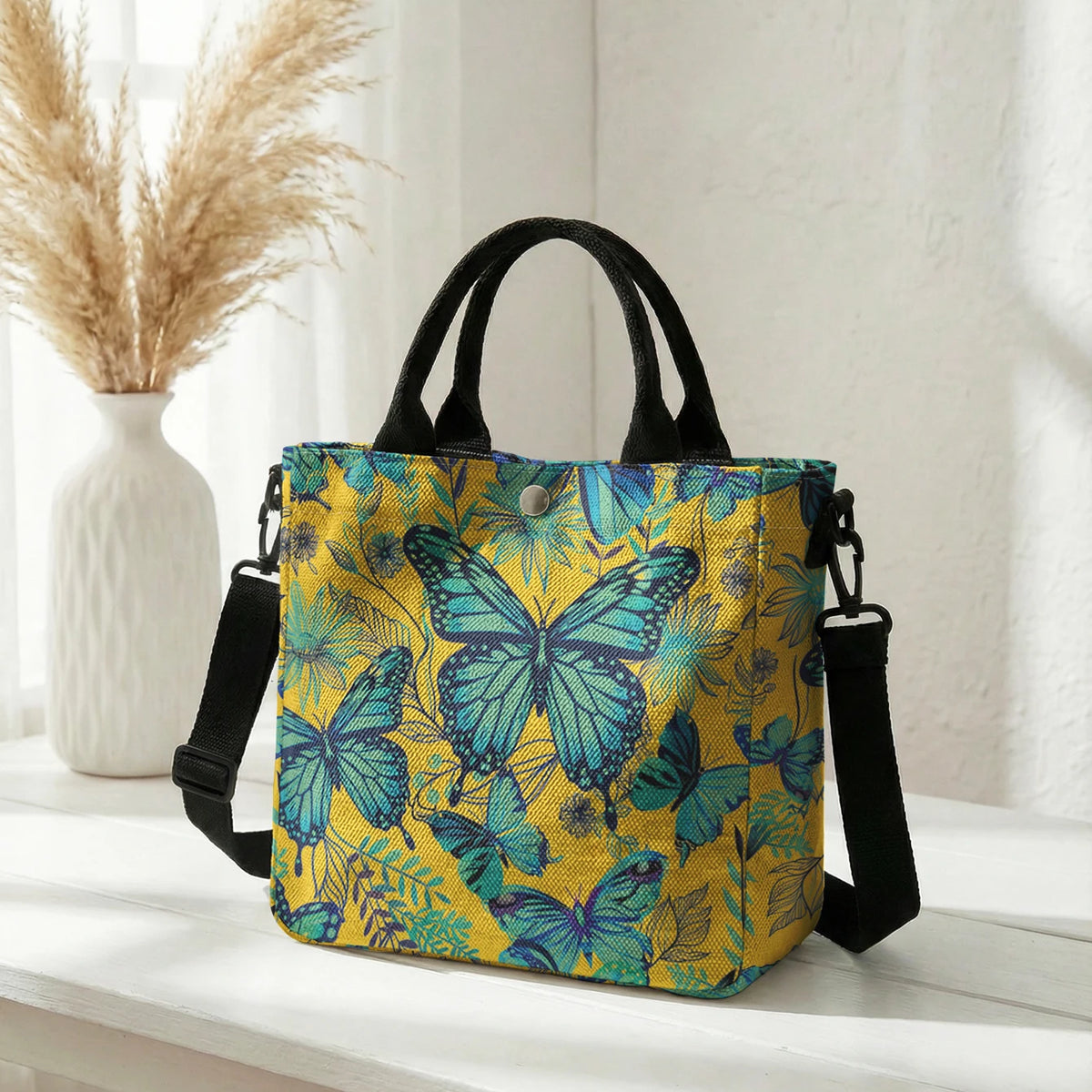 Butterfly & Daisy Floral Tote Bag with Crossbody Strap