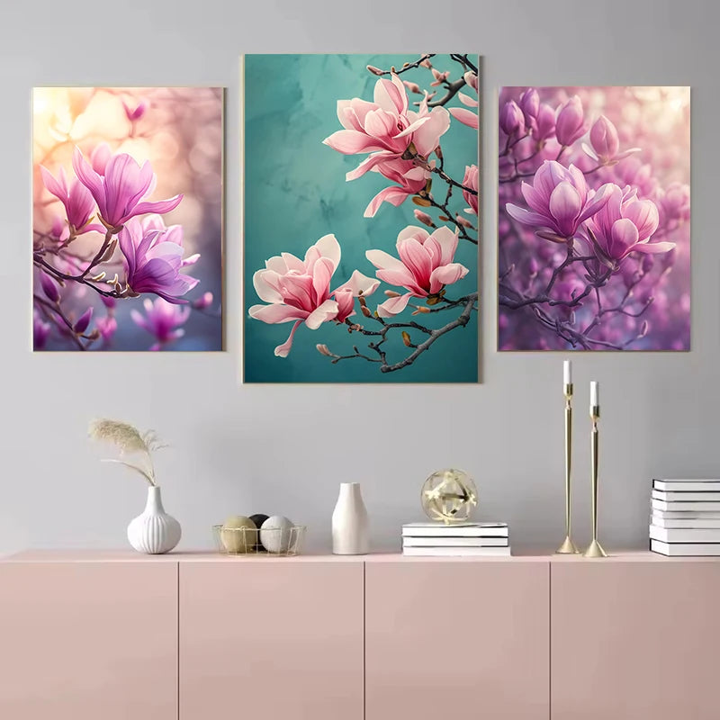 Pink Magnolia Floral Canvas Wall Art | Modern Botanical Home Decor Print