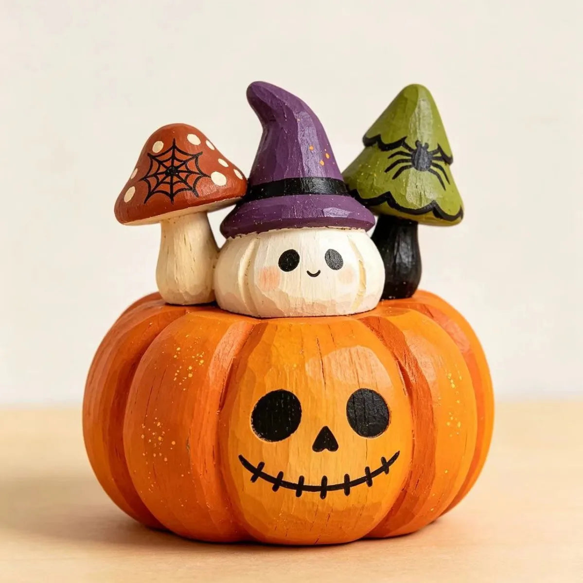 Hand-Painted Halloween Wooden Tabletop Decor | Bat, Owl & Pumpkin Figures