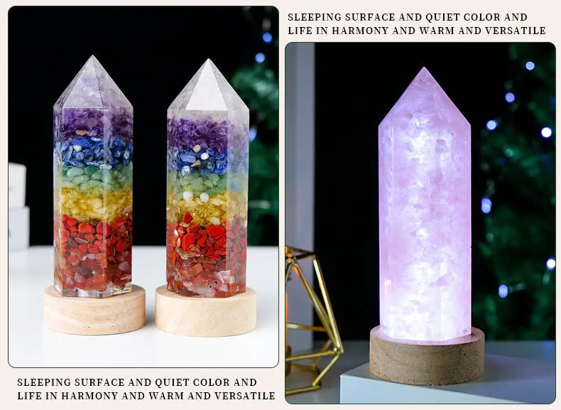 7 Chakra Crystal Column LED Night Light — USB Wood Base Obelisk